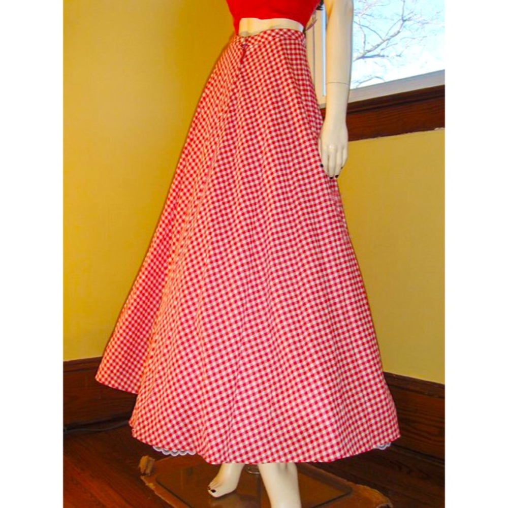Vintage 1950s Rockabilly Swing Kitten Red Gingham Full Sweep Pin Up Circle Skirt
